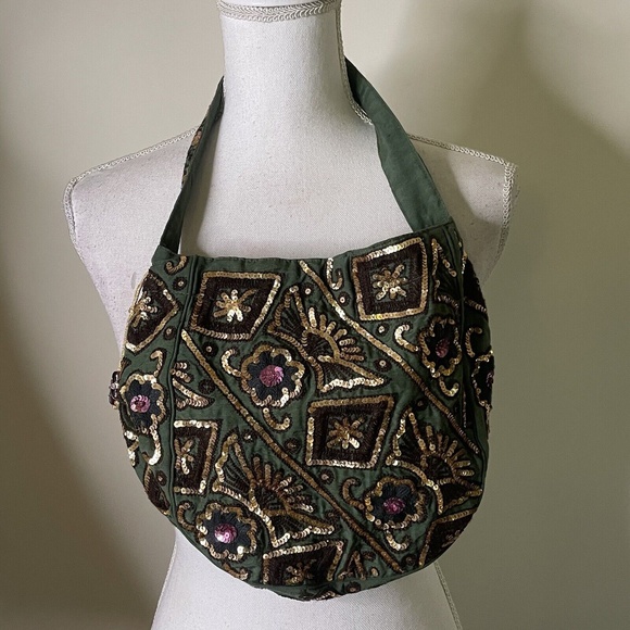 NWOT Phyllis Leibowitz Sequin Boho Small Drawstring Bag Green Gold $349 a26 - Picture 7 of 7